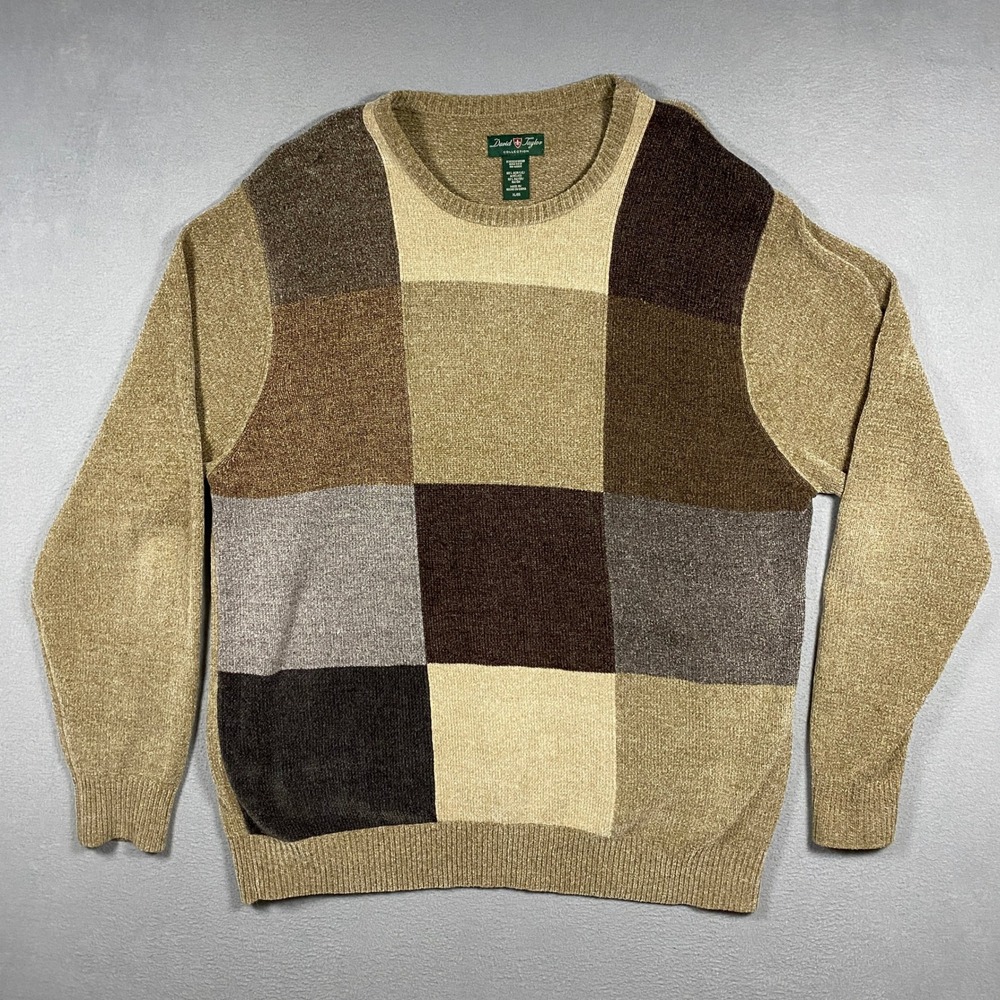 David Taylor Sweater Mens XL Brown Colorblock Patchwork Crewneck Knit Top